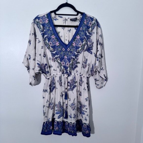 Angie Floral Print Mini Dress V Neck Tassel Drawstring Waist Boho Small - Picture 1 of 6